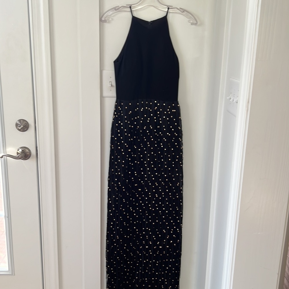 Badgley Mischka Sleeveless Beaded Fringe Column Gown Black/Gold Size 0 - Picture 6 of 11